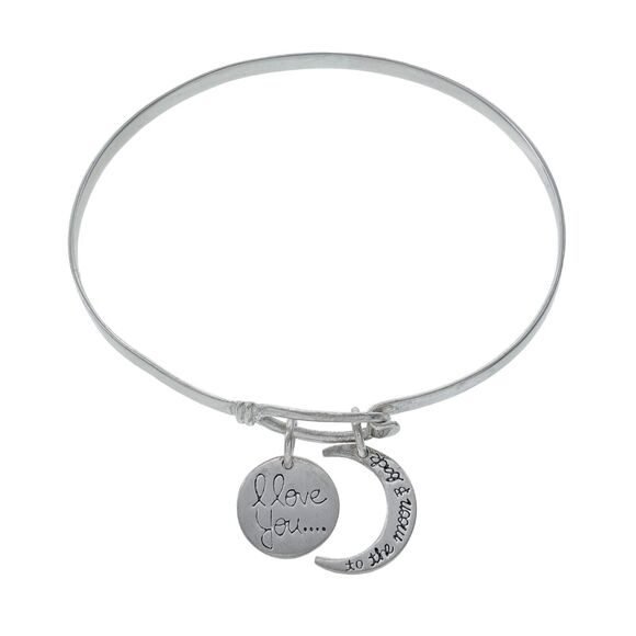 Vintage Sterling Silver 925 "I Love You to the Moon & Back" Charm Bangle 7" - Picture 1 of 6
